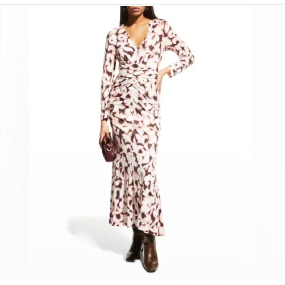 DVF Diane Von Furstenberg Timmy Long Dress in Cypress Cocoa Brown L Resort Retro - Picture 10 of 16